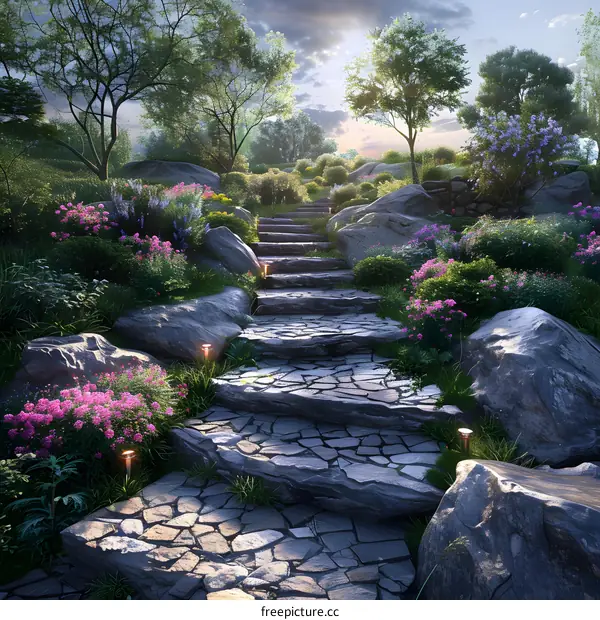 Stone slab road in the fantasy forest