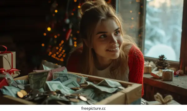 Young woman sitting near the window and looking at the money in the box