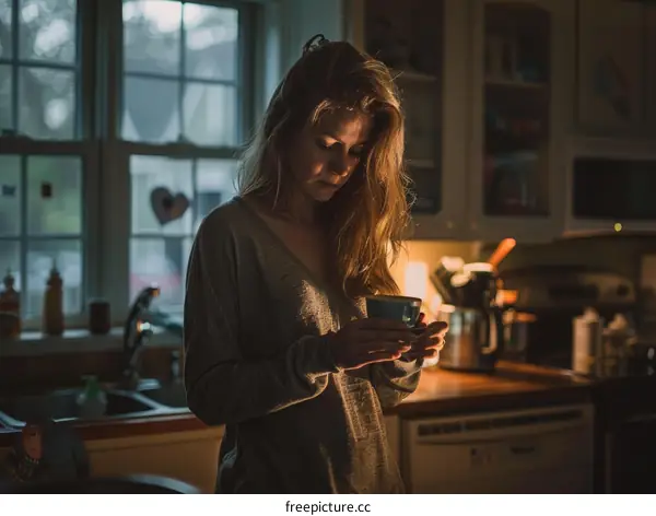 Young woman standing in the kitchen holding a cup of coffee looking down