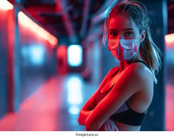 Portrait of a young caucasian female wearing a mask