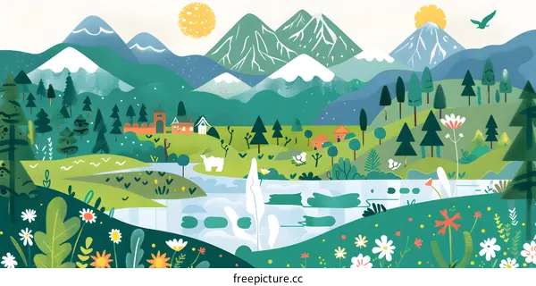 Illustrated Landscape with Mountains, Trees, and Flowers