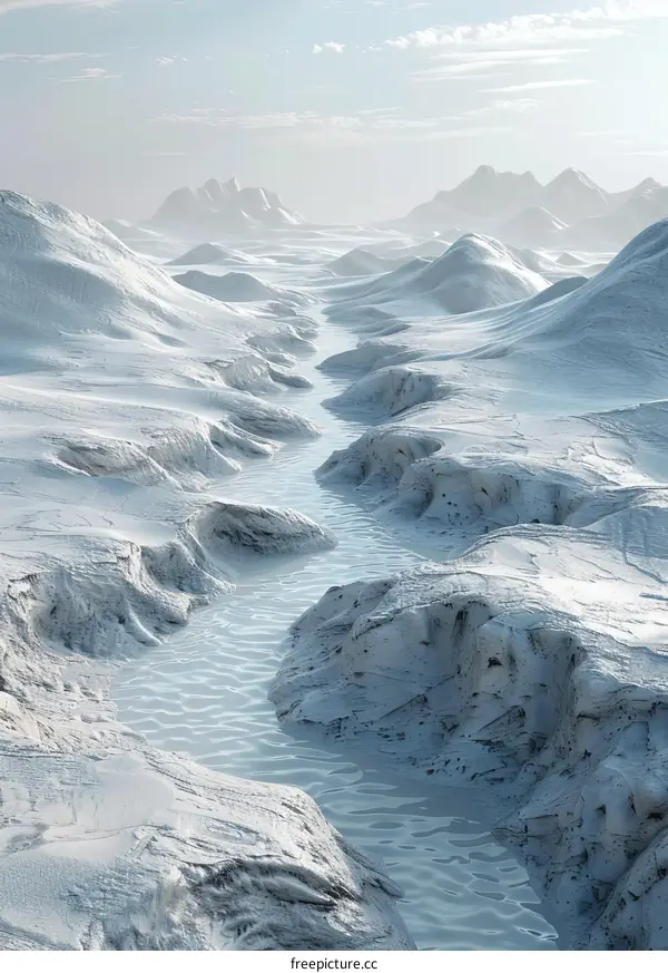 Frozen River Landscape with Snow-Capped Mountains