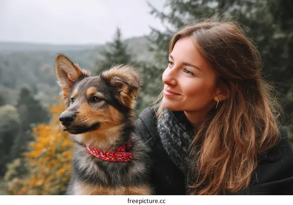 Young woman with mixed breed puppy looking away in nature