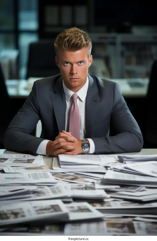 Portrait of a businessman sitting at his desk looking at the camera with a serious facial expression