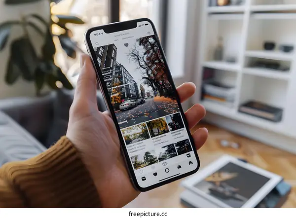 Hand Holding Smartphone With Autumn Street Photo Display