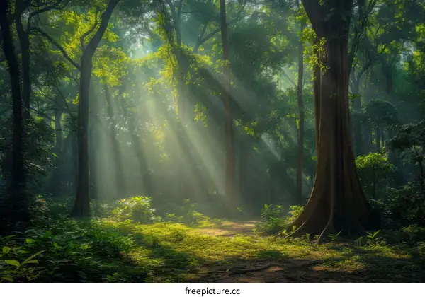 Sunlit path through a lush green forest