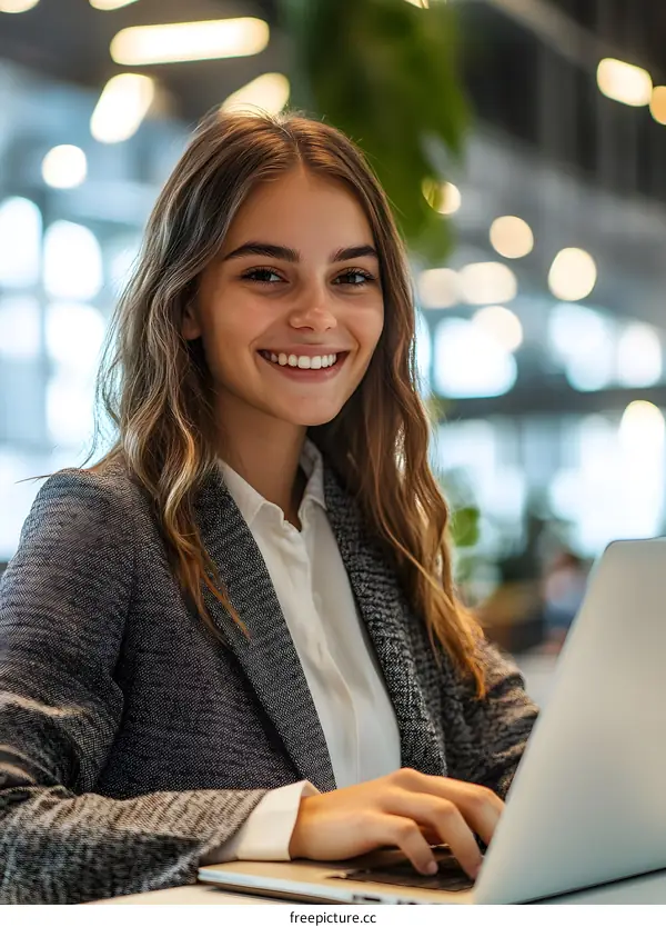Smiling Businesswoman Working on Laptop
