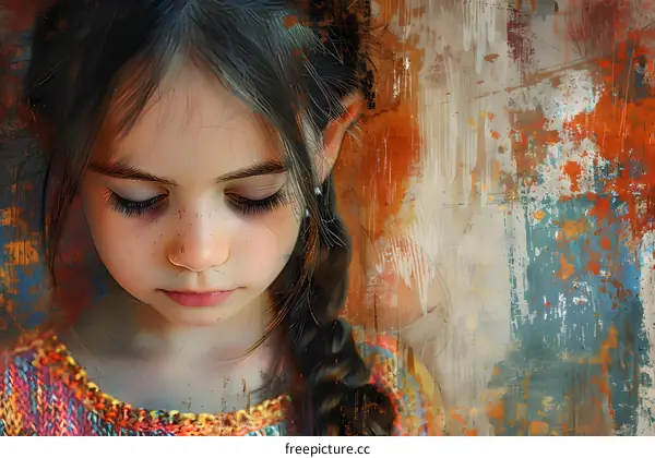 Little Girl with Long Hair and Freckles  Looking Down