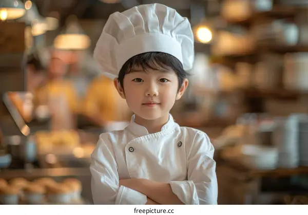 Portrait of a young Asian boy in a chef's uniform