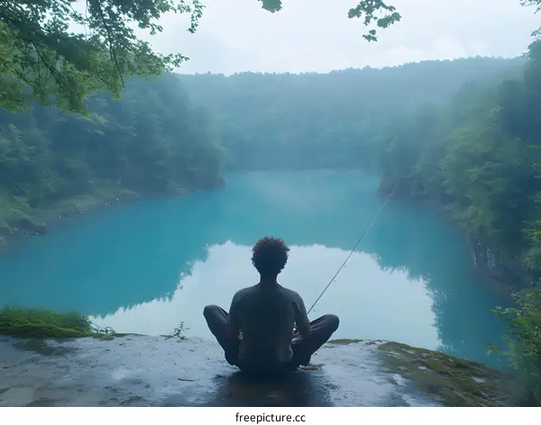 Man Sitting on a Cliff Overlooking a Lake