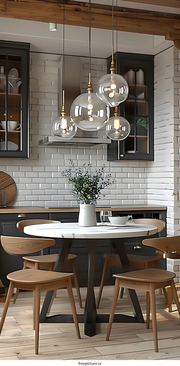 A photo of a dining room with a round table and four chairs