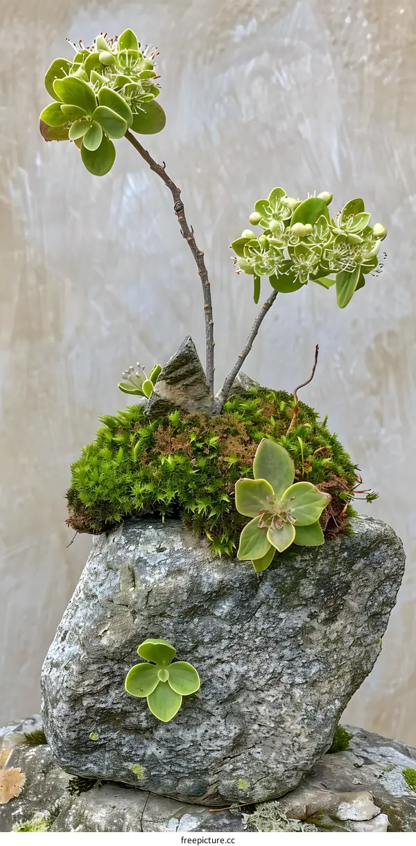 Green Plants on a Stone with a Neutral Background