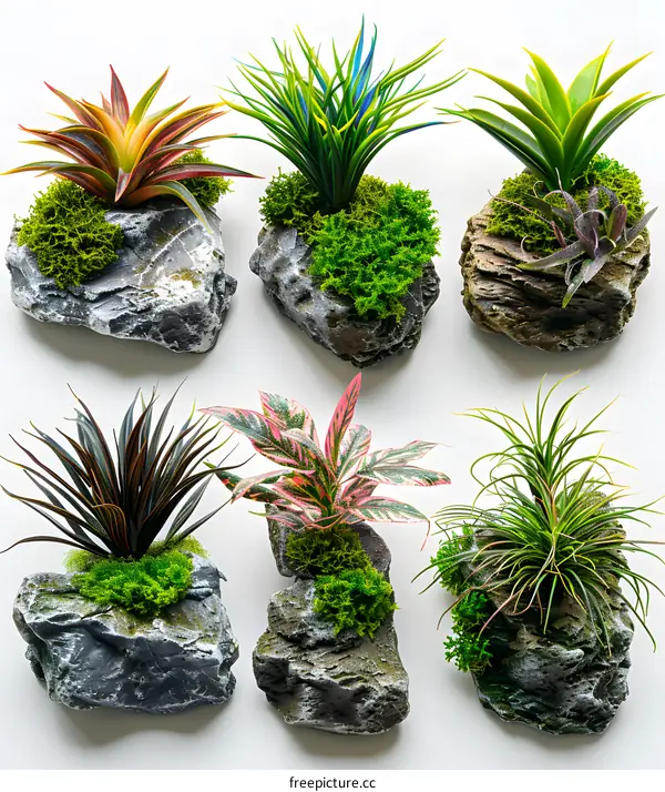 Six Potted Plants on White Background