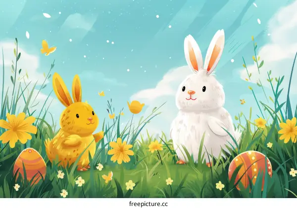 Two Rabbits Hopping Among Colorful Flowers