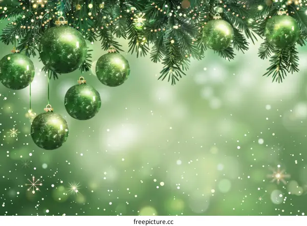 Green Christmas ornaments adorn a pine tree branch against a blurred background of twinkling lights.