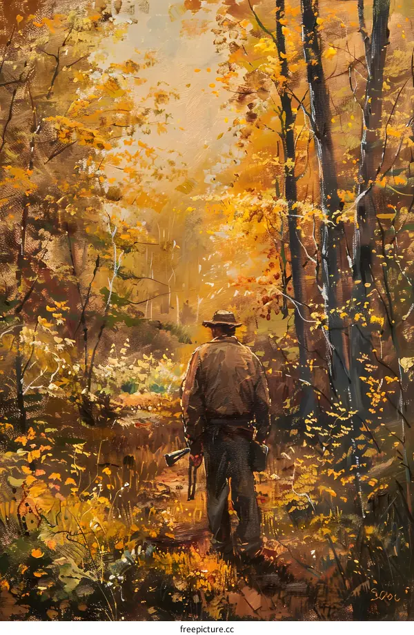 Autumn Forest Painting with Man Walking on Path
