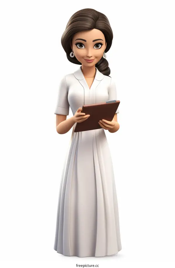 A 3D illustration of a young female doctor holding a clipboard