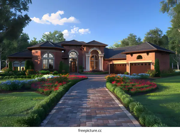 Large brick house with a long driveway and a beautiful flower garden in front