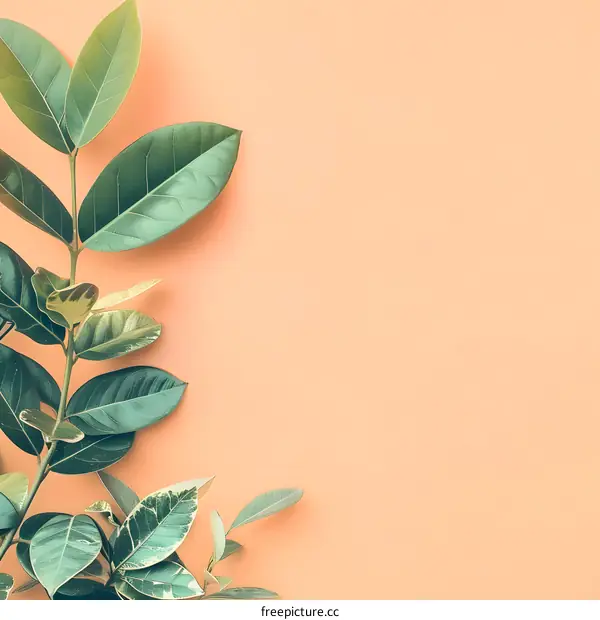 Green Leaves on a Peach Background