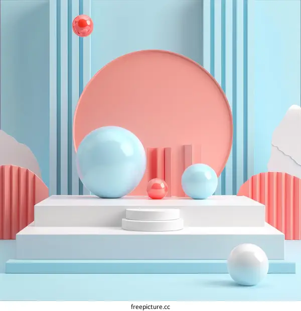 3D rendering of a podium with pastel pink and blue geometric shapes