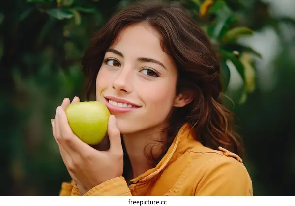 Woman holding a green apple in an outdoor setting