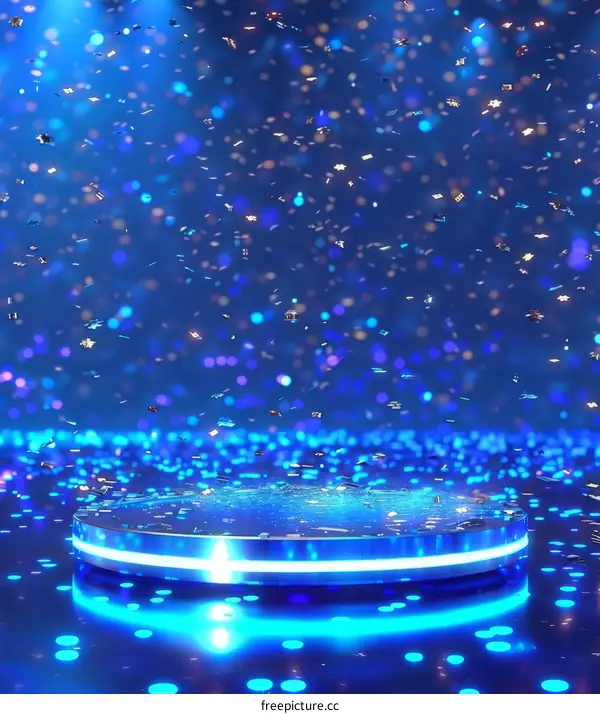 Blue stage with blue and purple confetti falling from the top