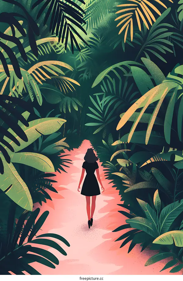 Woman Walking on a Path Through Lush Tropical Foliage