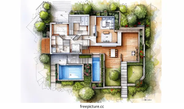 top view of a modern house with a pool