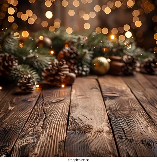 Rustic Christmas background with fir branches and cones