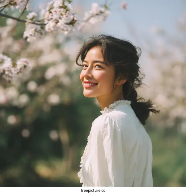 Asian Woman in a White Dress in a Cherry Blossom Garden