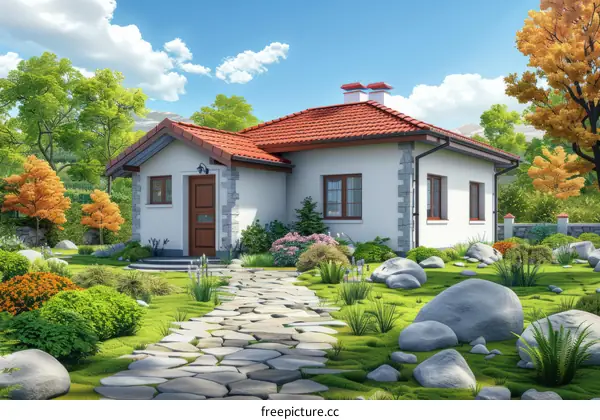 Small house with a garden and a path leading to the front door