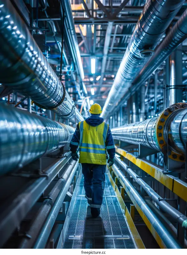 Oil and gas worker walking through a maze of pipes