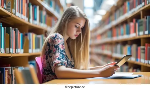 Young woman reading a book in a library
