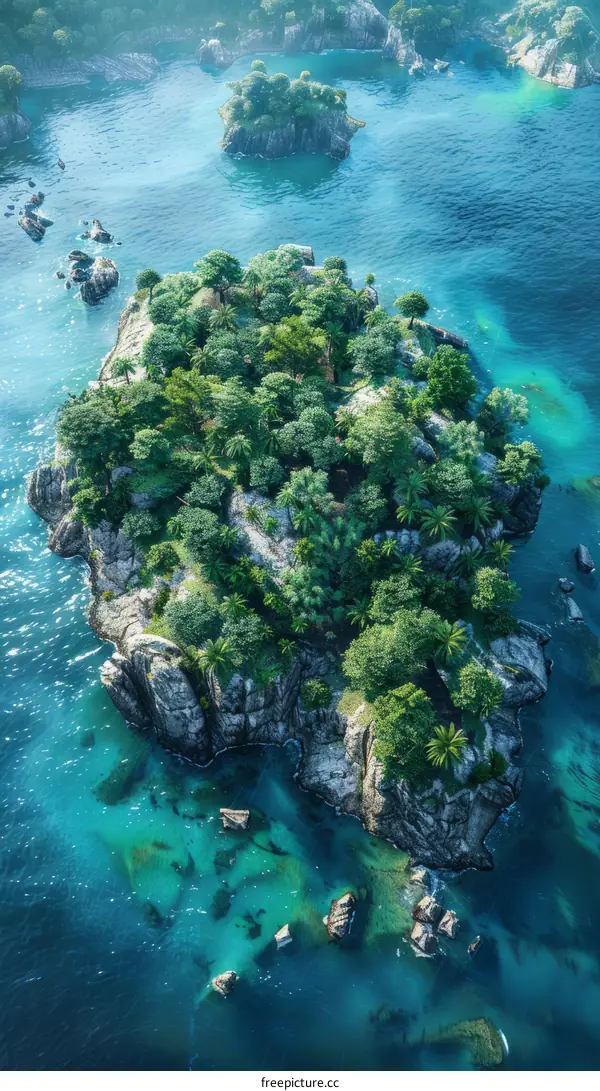 Small rocky island with green vegetation in the middle of the ocean