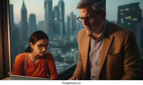 Colleagues discussing work in a modern office with a city view