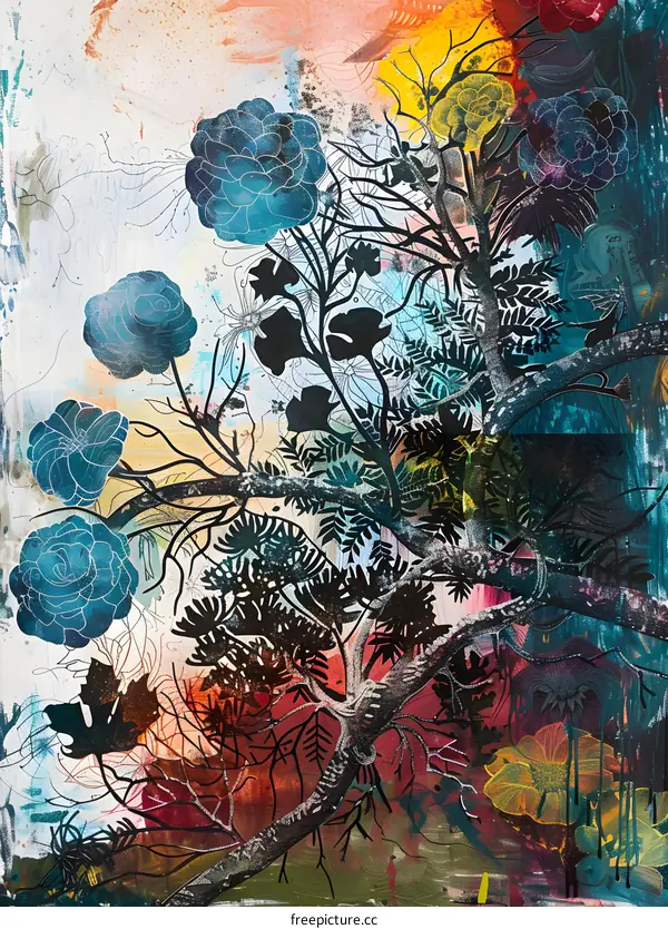 Abstract Painting of Tree Branches with Colorful Flowers