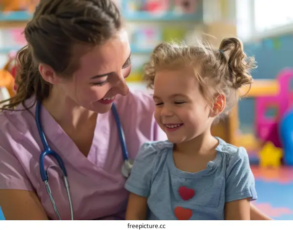 Pediatrician examining a smiling little girl