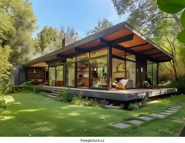 Modern Glass House with Wooden Deck and Green Lawn