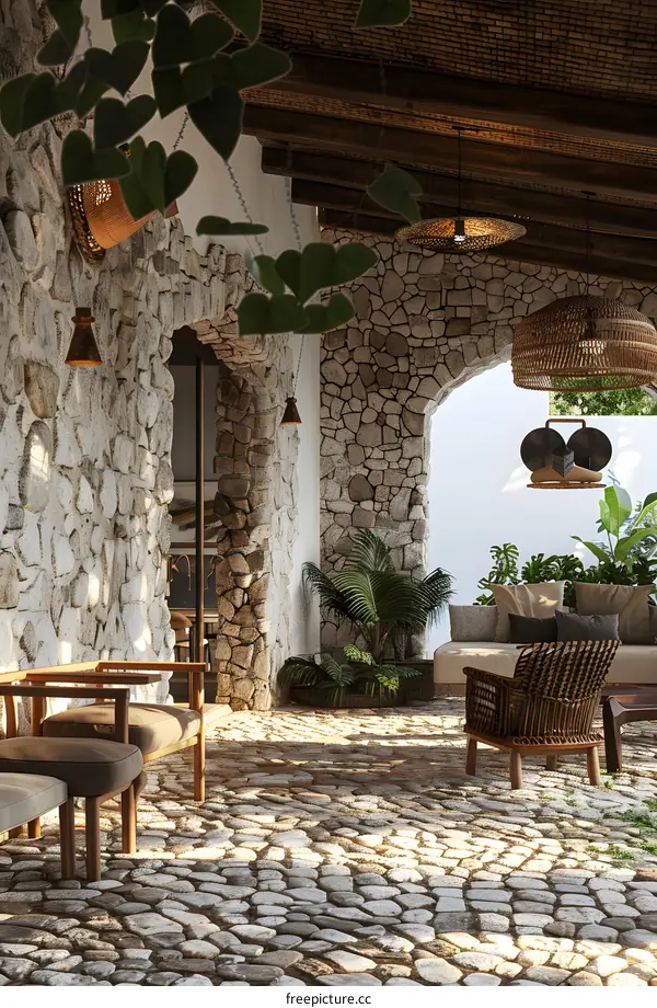 Stone Patio with Wicker Furniture and Palm Tree