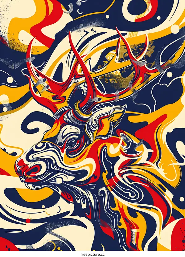 Abstract Deer Head Illustration with Red, Yellow and Blue Colors