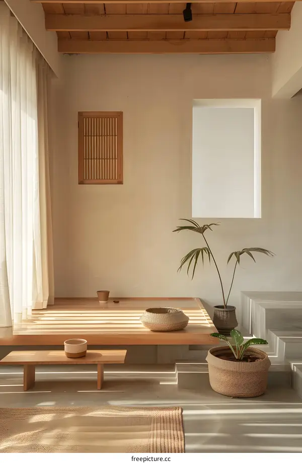 Minimalist Japanese Style Living Room Interior Design with Wooden Floor and Natural Light