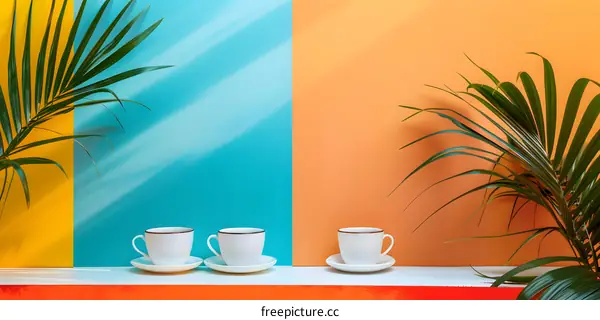Tropical Leaves Background with White Cups