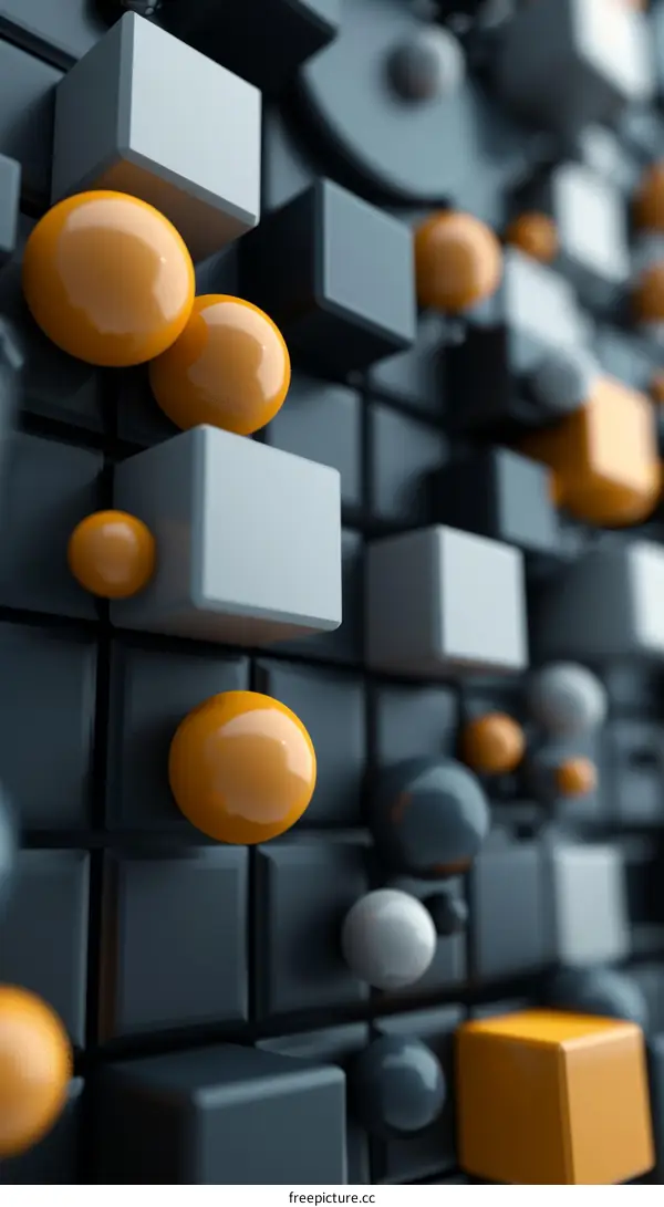 3D rendering of orange and white spheres and gray cubes