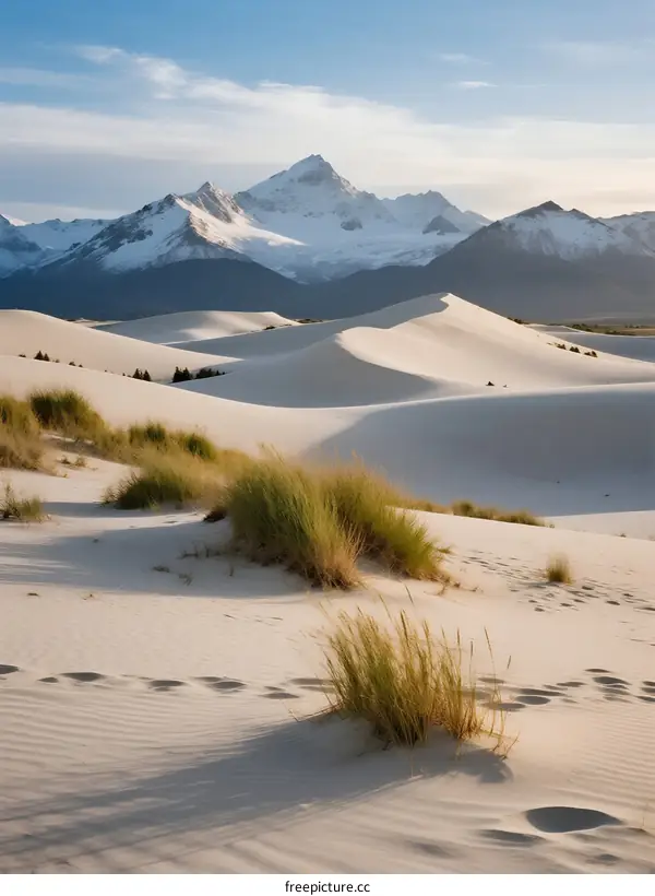 Snow-capped mountain range with white sand dunes in foreground under clear sky