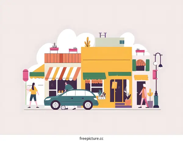 Colorful Illustration of Street Shops with People