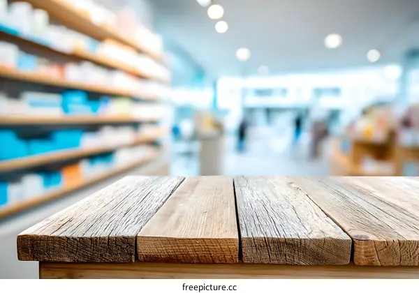 Wooden Table Top in Pharmacy Background