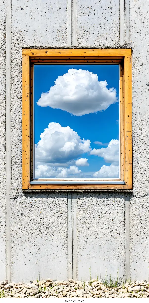 Wooden Frame Window with Blue Sky and White Clouds
