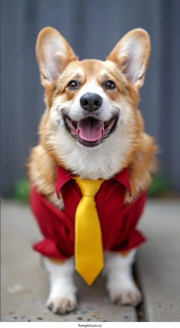 A happy corgi dog wearing a red shirt and yellow tie