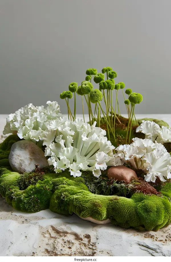 Green Moss and White Flowers in a Pot on a Sandy Surface