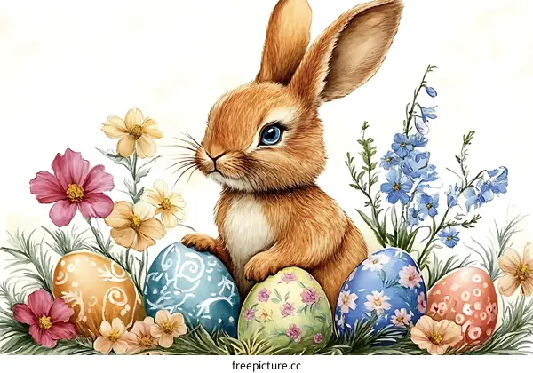 Cute Easter Bunny with Colorful Eggs and Flowers